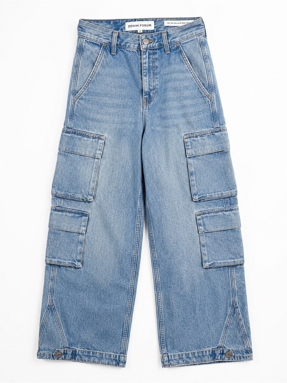 Denim Forum The ’90s Millie Hi-Rise Cargo Jeans Size 23 Light Wash Wide Leg 0034